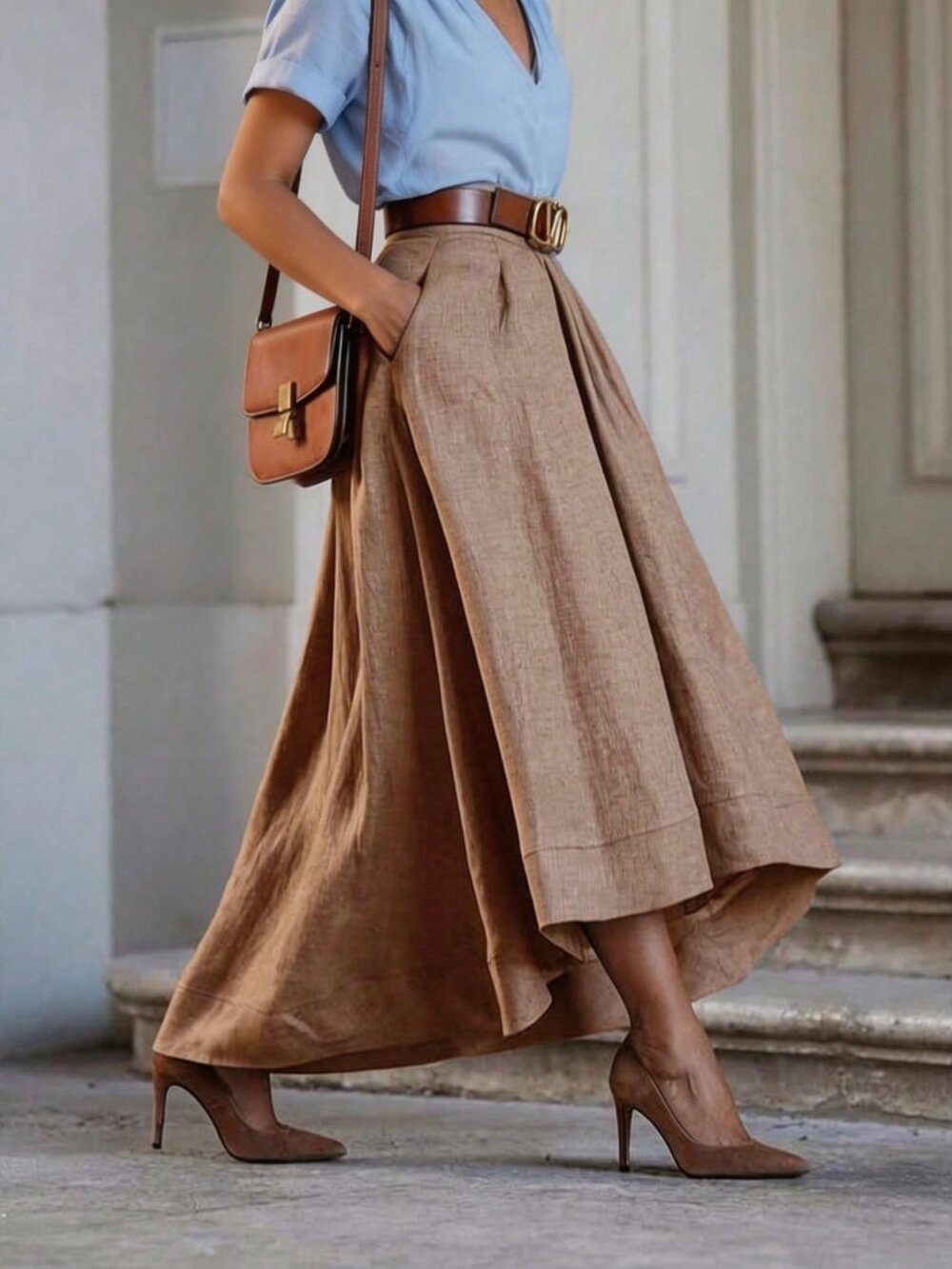 Khaki Casual Women's Vacation Skirt With Double Pockets - Picture 2 of 5
